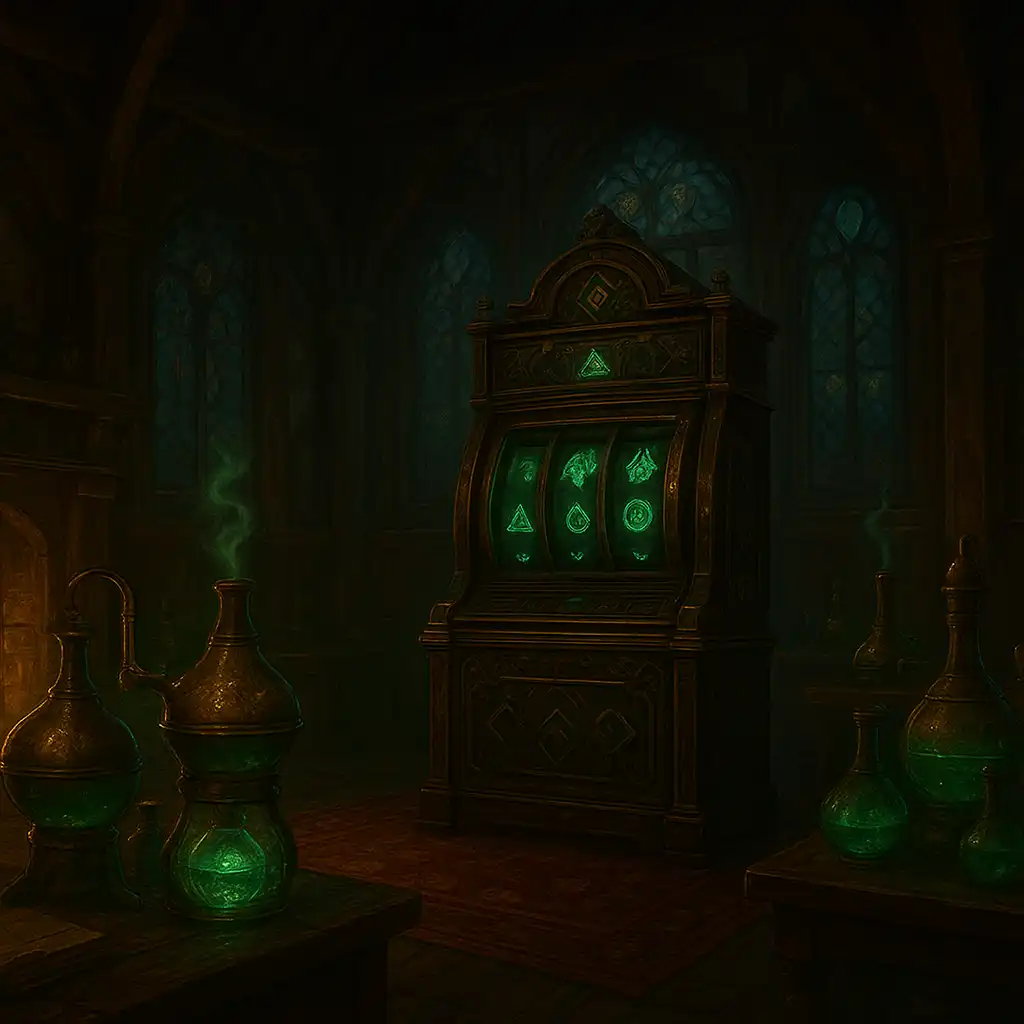 Alchemistenlabor mit leuchtenden Tränken und Runen-Spielautomaten im Schwarzwald